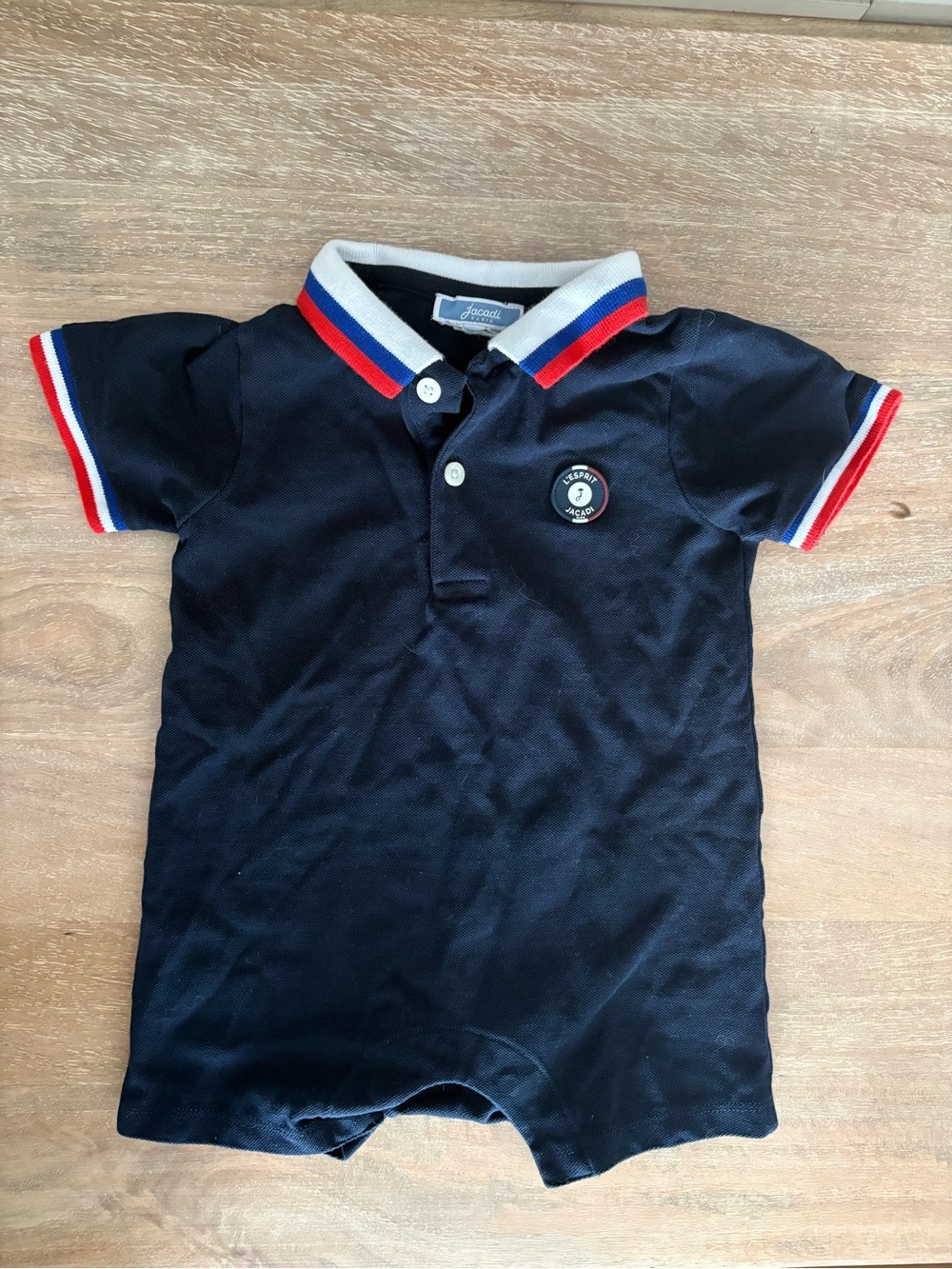 Jacadi Navy Polo Romper with Red, White & Blue Trim